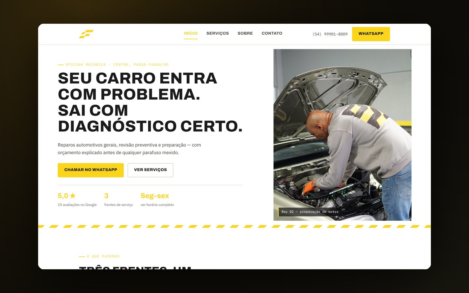 Página inicial do site da Feres Oficina Mecânica, com manchete em caixa alta, foto da oficina e botão de WhatsApp