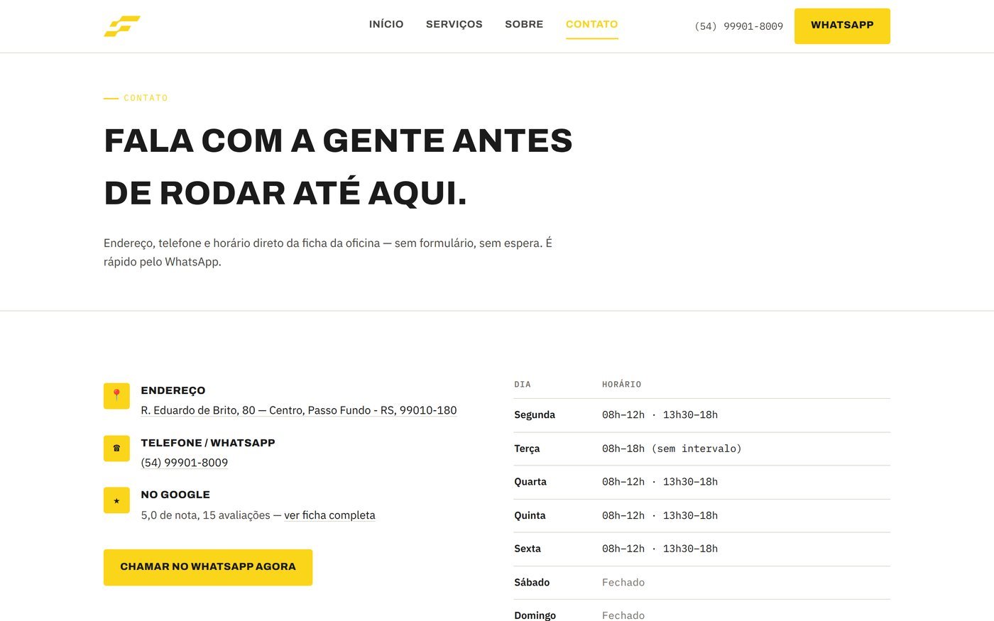 Página de contato do site da Feres, com endereço, telefone, nota do Google e tabela de horários
