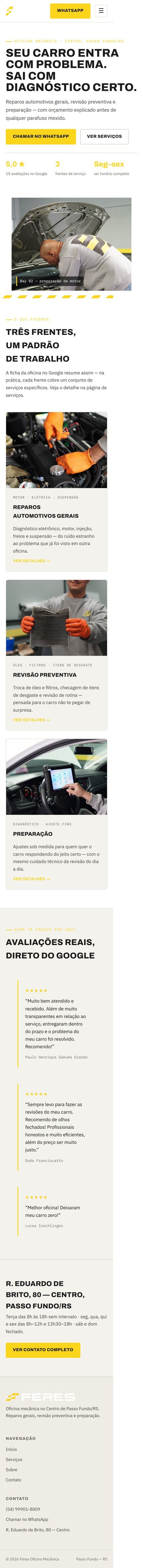 Versão mobile do site da Feres, com cabeçalho, manchete, indicadores, frentes de serviço e avaliações empilhadas