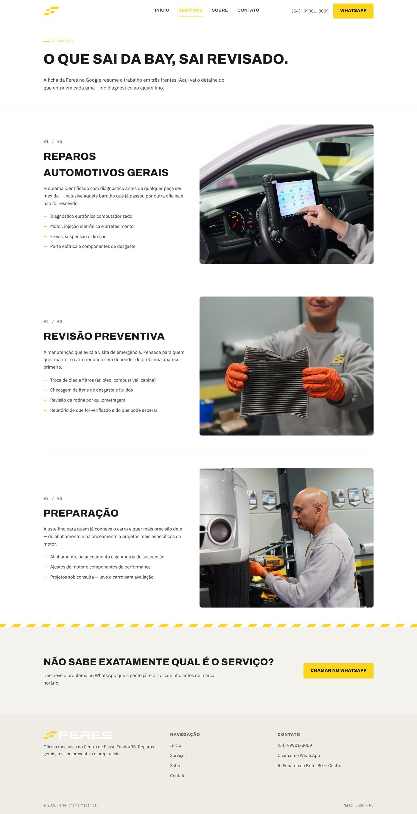 Página de serviços com as três frentes numeradas: reparos automotivos gerais, revisão preventiva e preparação, cada uma com sua lista de itens