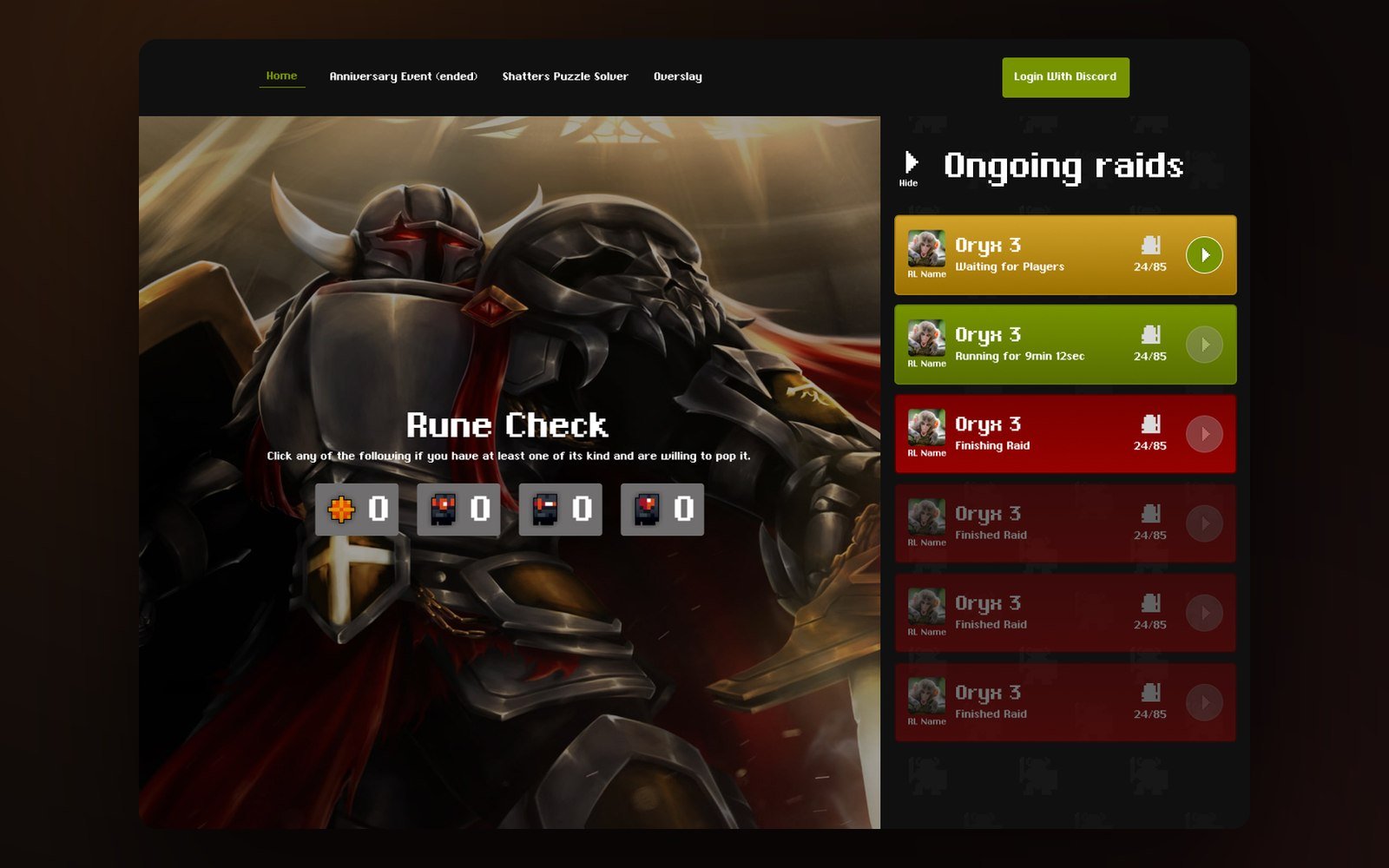 Página de organização de raids do Realm of the Mad God, com módulo de verificação de runas e painel lateral de raids em andamento