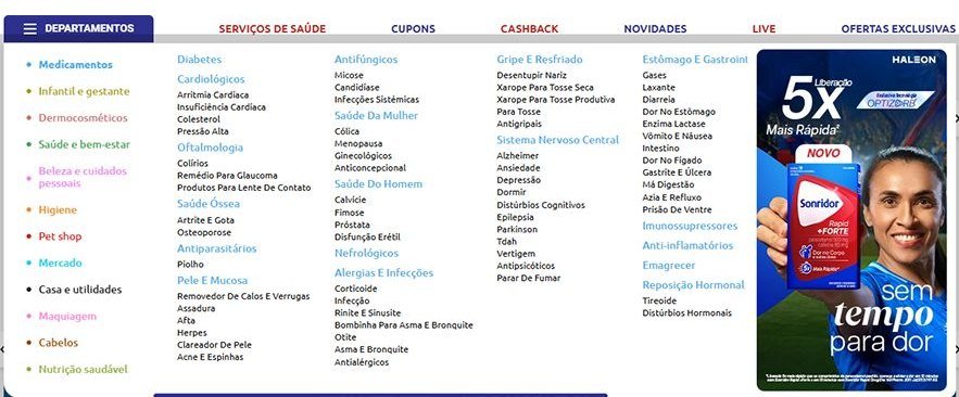 Menu antigo das Farmácias São João: quatro colunas densas com mais de 80 links de categorias e subcategorias visíveis simultaneamente