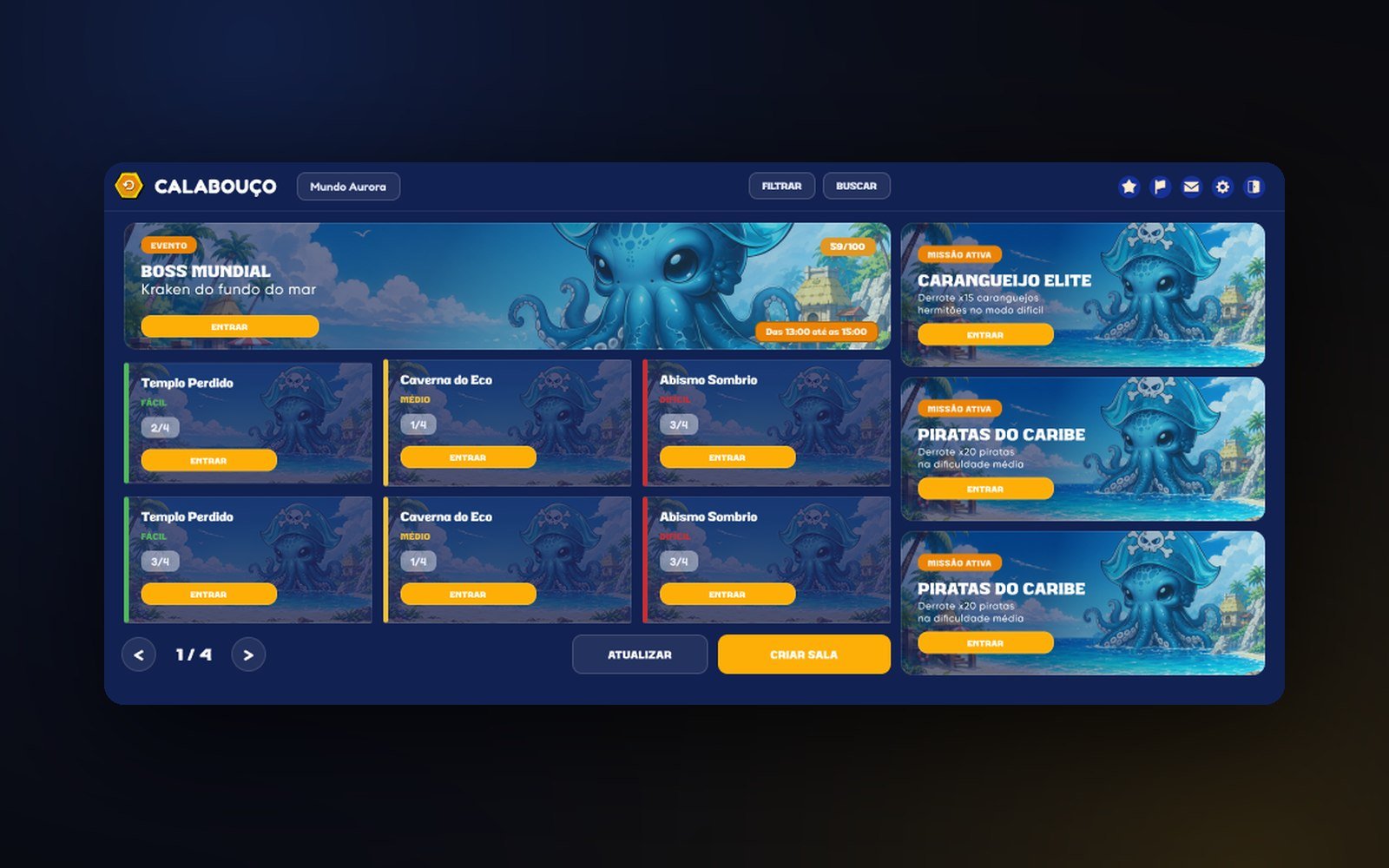 Tela do calabouço do Surftank, com evento de boss mundial, salas por dificuldade e painel de missões ativas