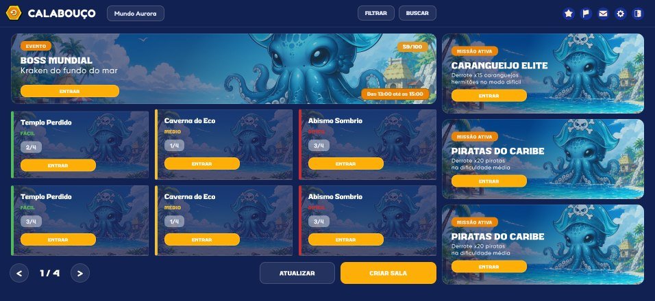 Tela do calabouço: cabeçalho com mundo selecionado, banner do evento Boss Mundial com contador de vagas e horário, grade de salas por dificuldade com lotação e coluna de missões ativas à direita