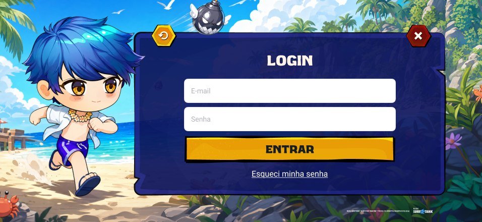 Tela de login do Surftank: painel azul centralizado sobre cenário de praia, com campos de e-mail e senha, botão entrar em amarelo e link para recuperar senha