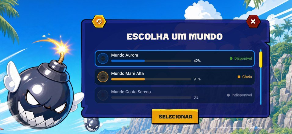 Tela de escolha de mundo: três mundos listados com barra de ocupação em porcentagem e status disponível, cheio ou indisponível