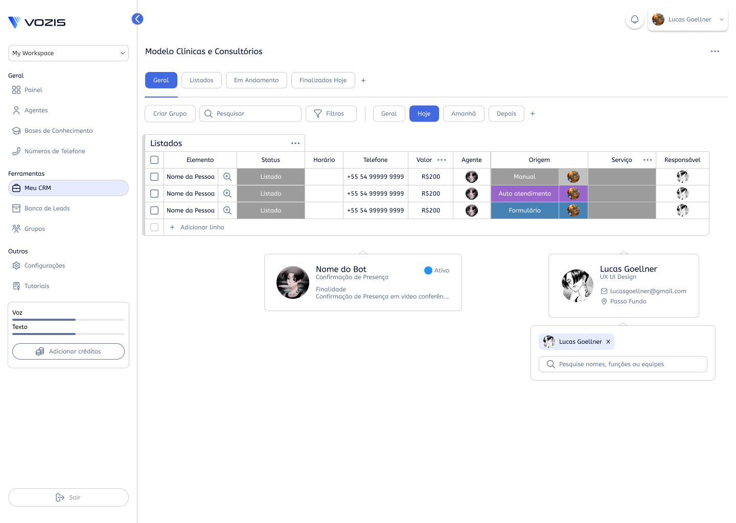CRM da Vozis com o modelo para clínicas e consultórios: abas de status, filtros por período e tabela com elemento, status, horário, telefone, valor, agente, origem e responsável